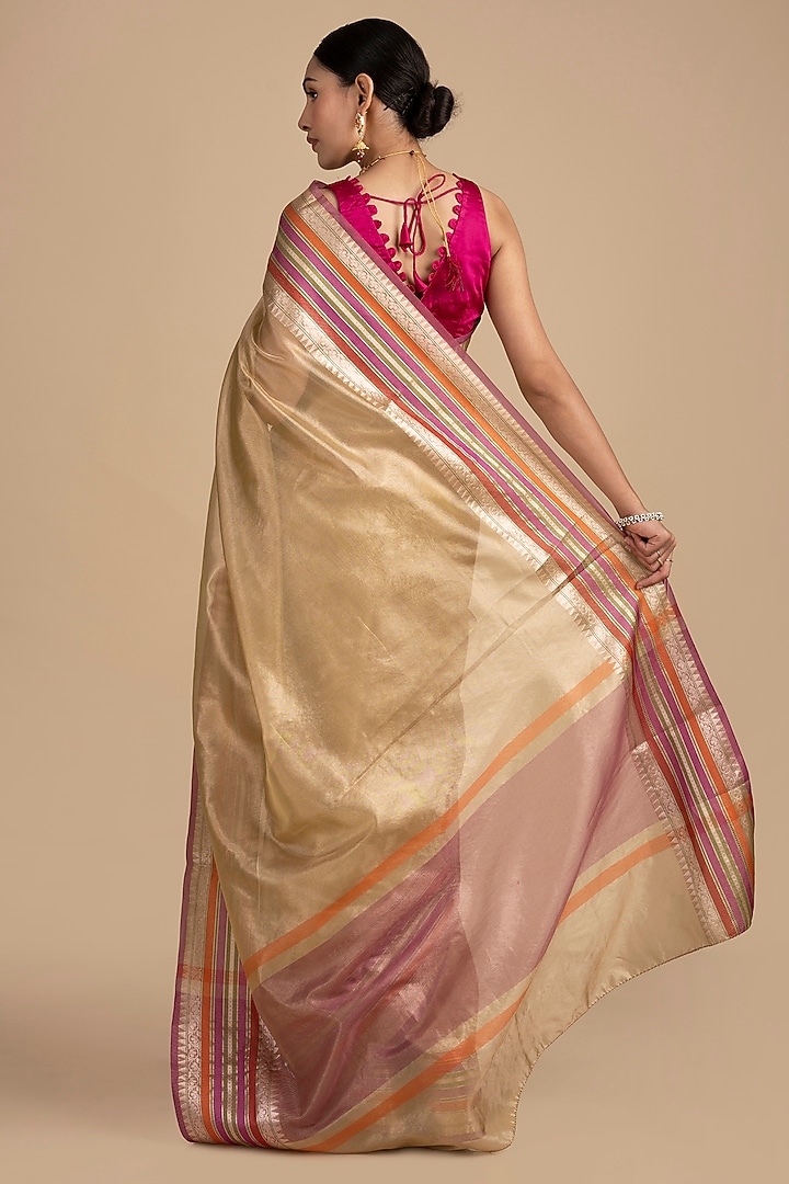 Beige-Pink Pure Tissue Silk Banarasi Festive Saree Set by Zal From Benaras at Pernia's Pop Up Shop