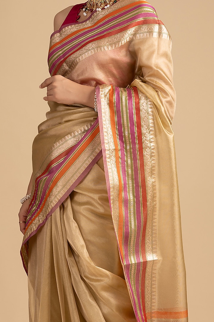 Beige-Pink Pure Tissue Silk Banarasi Festive Saree Set by Zal From Benaras at Pernia's Pop Up Shop