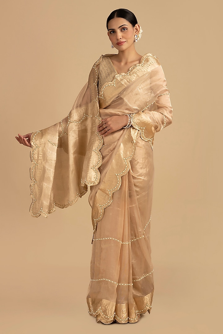 Gold Pure Tissue Silk Banarasi Handloom Saree Set by Zal From Benaras at Pernia's Pop Up Shop