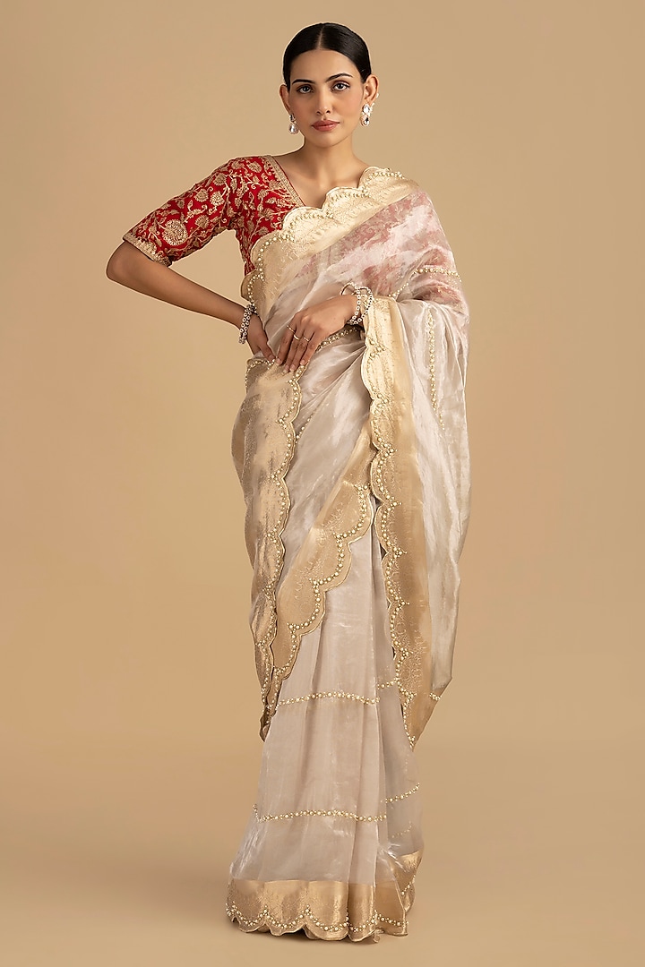 Silver Pure Tissue Silk Banarasi Handloom Saree Set by Zal From Benaras at Pernia's Pop Up Shop