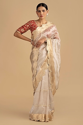 Silver Pure Tissue Silk Banarasi Handloom Saree Set by Zal From Benaras