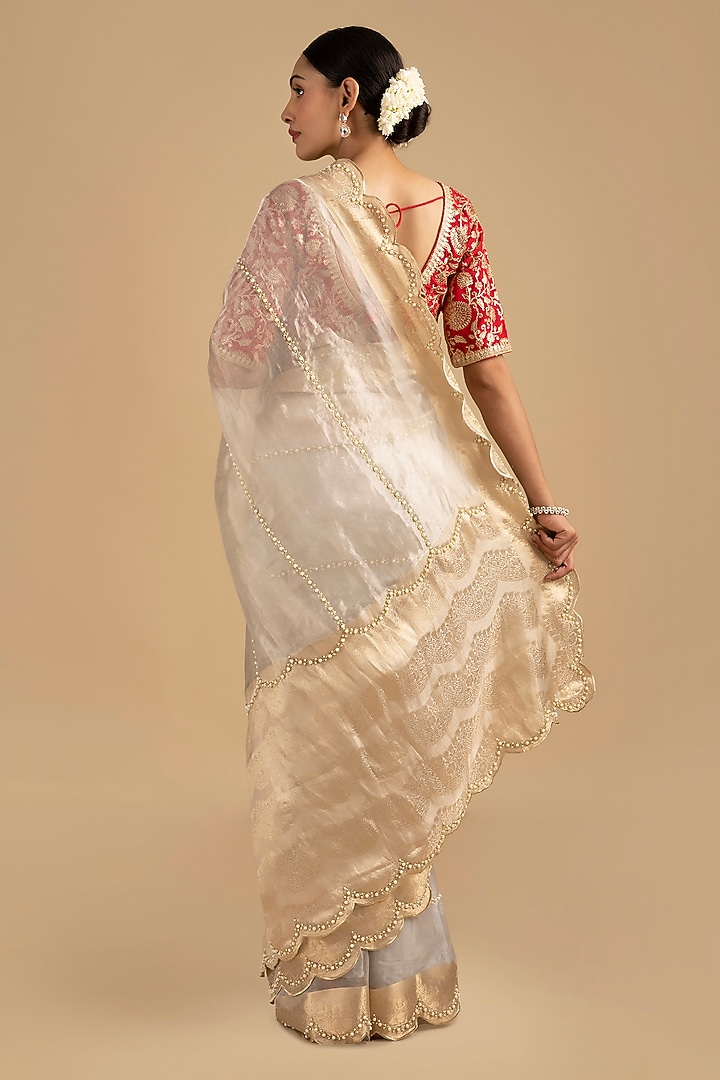 Silver Pure Tissue Silk Banarasi Handloom Wedding Saree Set by Zal From Benaras at Pernia's Pop Up Shop