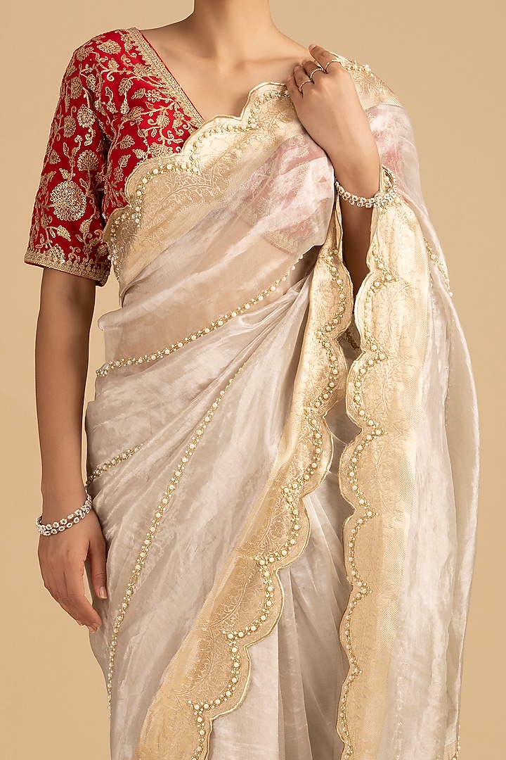 Silver Pure Tissue Silk Banarasi Handloom Wedding Saree Set by Zal From Benaras at Pernia's Pop Up Shop