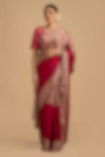 Grey-Hot Pink Pure Chanderi Tissue Handloom Saree Set by Zal From Benaras at Pernia's Pop Up Shop