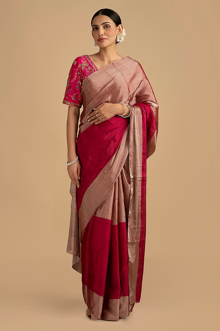 Grey-Hot Pink Pure Chanderi Tissue Handloom Saree Set by Zal From Benaras at Pernia's Pop Up Shop