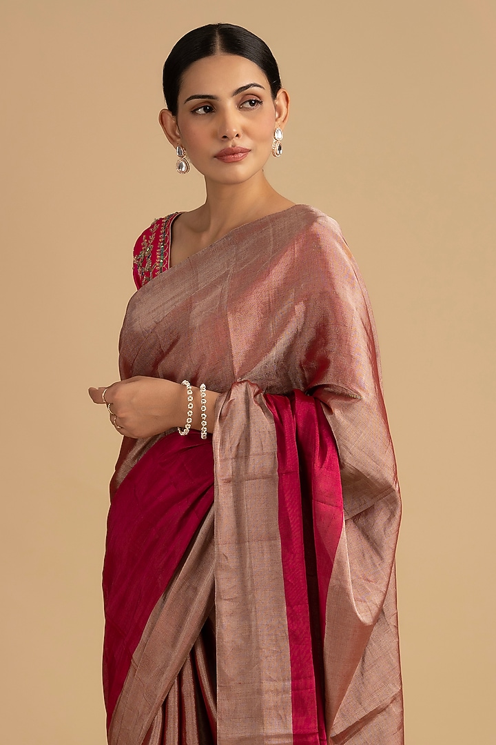 Grey-Hot Pink Pure Chanderi Tissue Handloom Party Wear Saree Set by Zal From Benaras at Pernia's Pop Up Shop