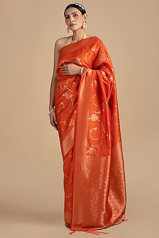 Orange Pure Silk Banarasi Handloom Saree Set by Zal From Benaras