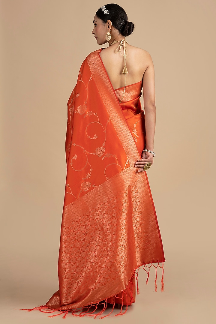 Orange Pure Silk Banarasi Handloom Party Wear Saree Set by Zal From Benaras at Pernia's Pop Up Shop