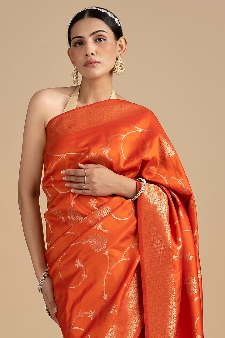 Orange Pure Silk Banarasi Handloom Party Wear Saree Set by Zal From Benaras at Pernia's Pop Up Shop