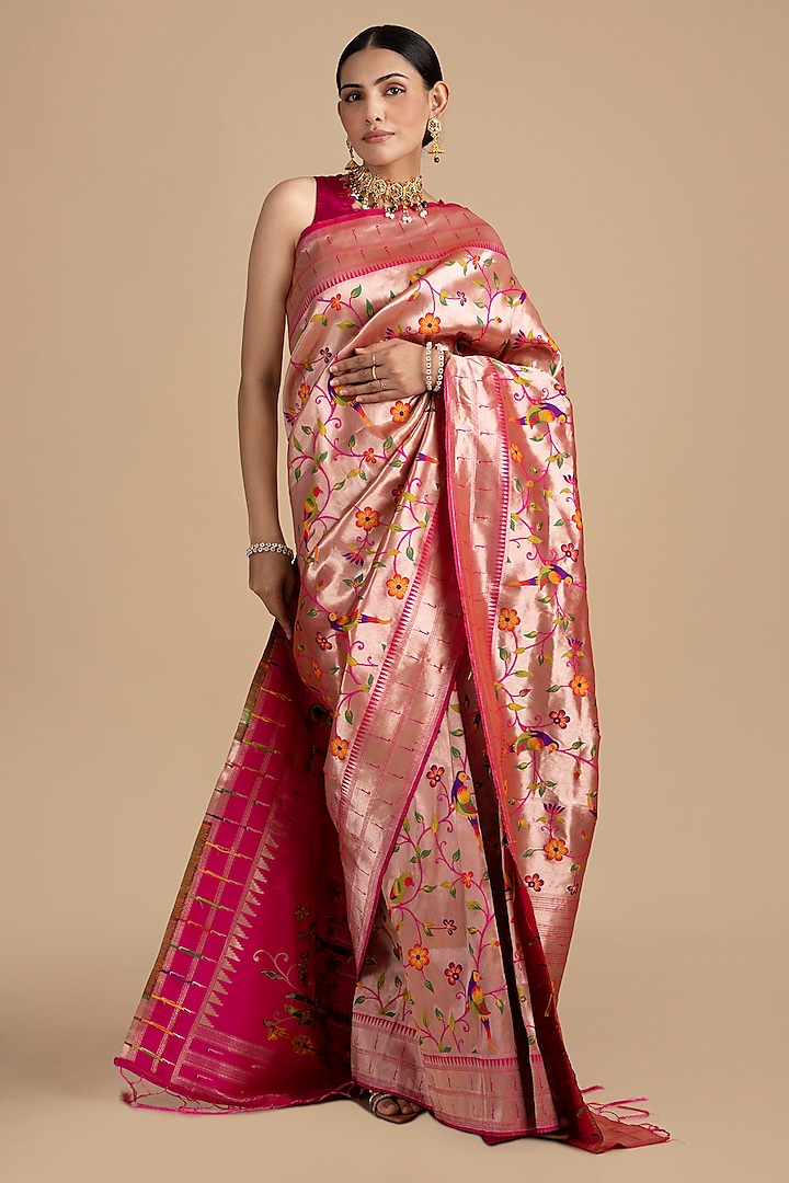 Pink Kanjivaram Silk Banarasi Handloom Saree Set by Zal From Benaras at Pernia's Pop Up Shop