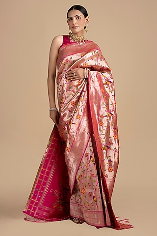 Pink Kanjivaram Silk Banarasi Handloom Saree Set by Zal From Benaras