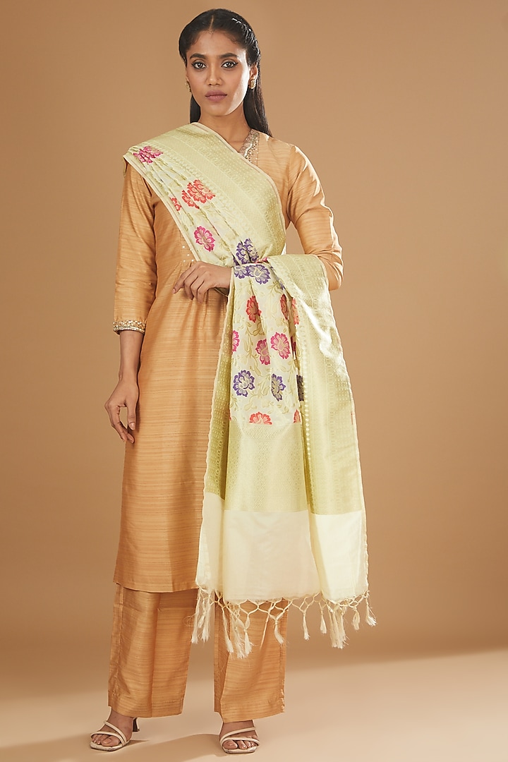 Cream Silk Banarasi Floral Printed Dupatta by Zal From Benaras