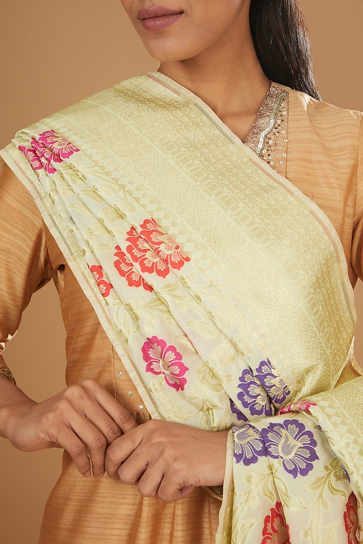 Cream Silk Banarasi Floral Printed Dupatta by Zal From Benaras at Pernia's Pop Up Shop