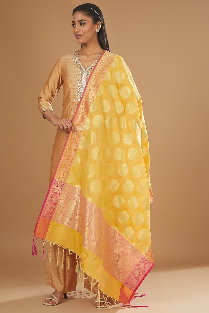 Yellow Silk Banarasi Polka Dot Printed Dupatta by Zal From Benaras