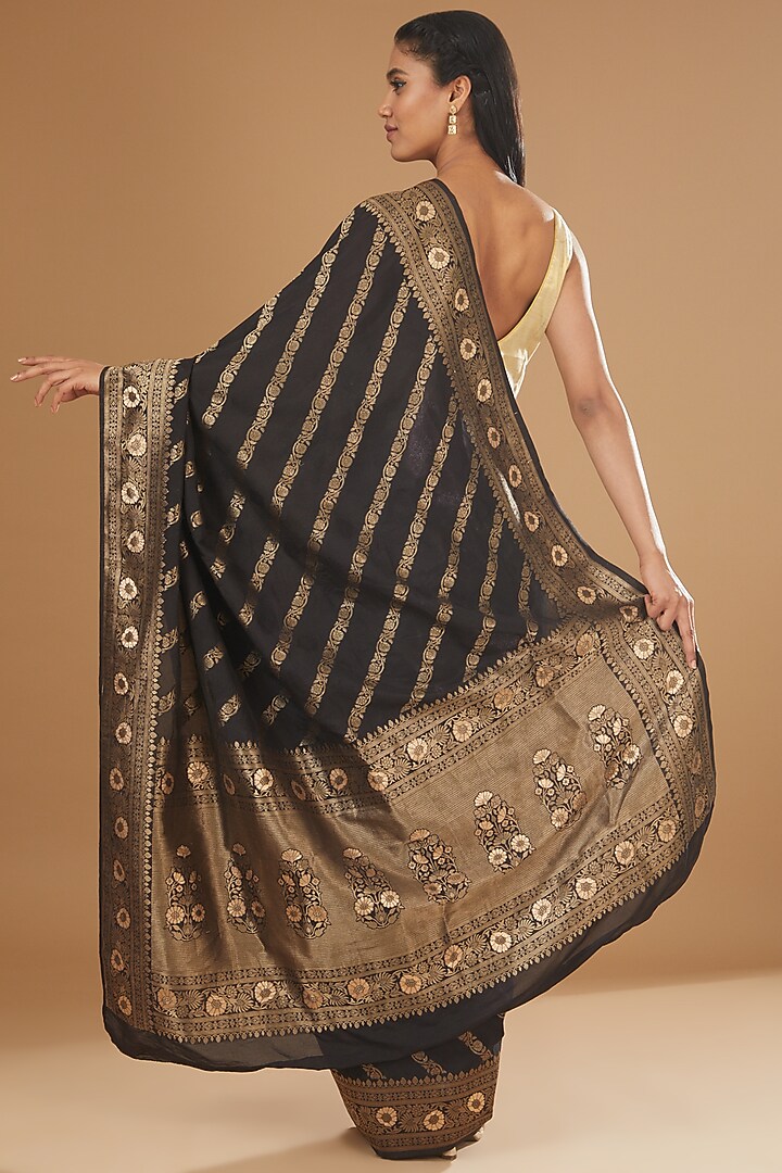 Black Silk Banarasi Printed Handloom Festive Saree by Zal From Benaras at Pernia's Pop Up Shop