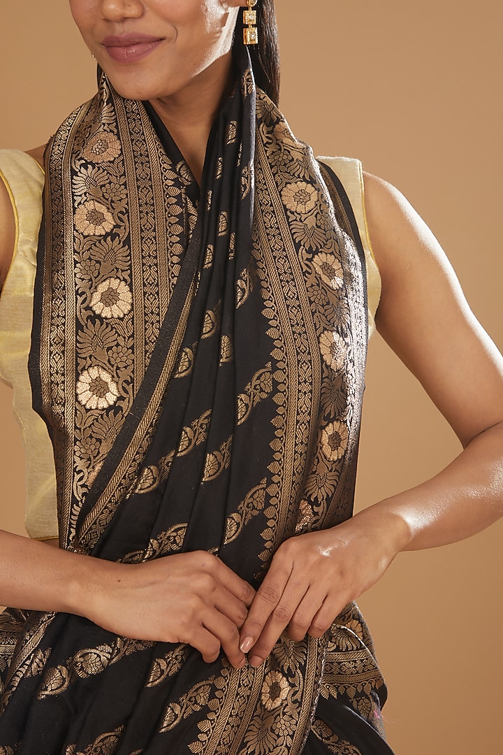 Black Silk Banarasi Printed Handloom Festive Saree by Zal From Benaras at Pernia's Pop Up Shop