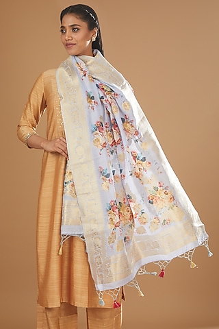 Mauve Silk Banarasi Handloom Printed Dupatta by Zal From Benaras