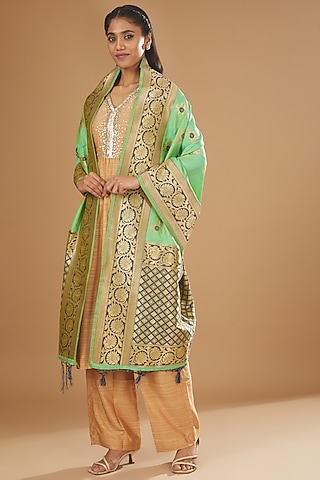 Mint Green Pure Silk Handloom Dupatta by Zal From Benaras