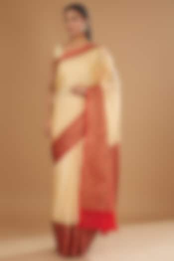 Beige Red Silk Banarasi Handloom Saree by Zal From Benaras