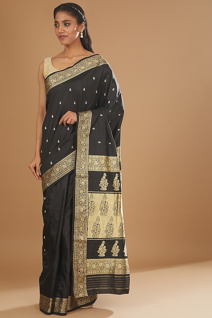 Black Pure Katan Silk Banarasi Handloom Saree by Zal From Benaras