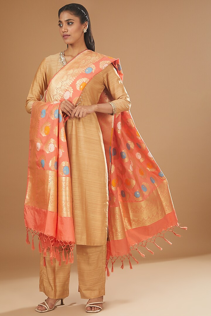 Orange Pure Silk Handloom Printed Dupatta by Zal From Benaras