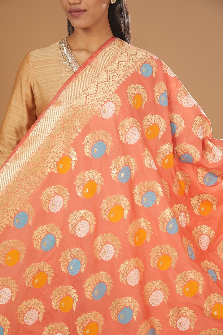 Orange Pure Silk Handloom Printed Dupatta by Zal From Benaras at Pernia's Pop Up Shop