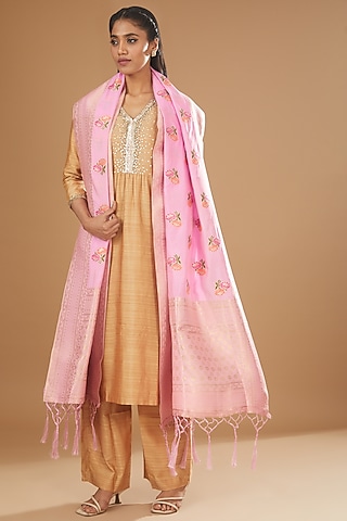 Blush Pink Pure Silk Handloom Printed Dupatta by Zal From Benaras