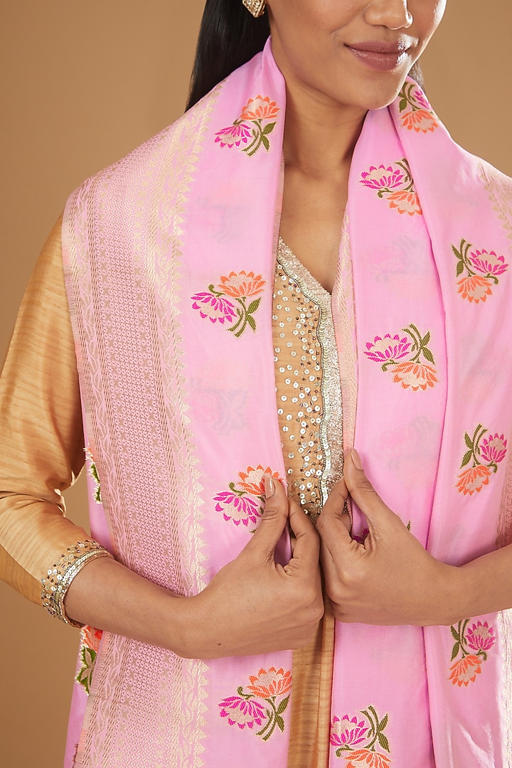 Blush Pink Pure Silk Handloom Printed Dupatta by Zal From Benaras at Pernia's Pop Up Shop