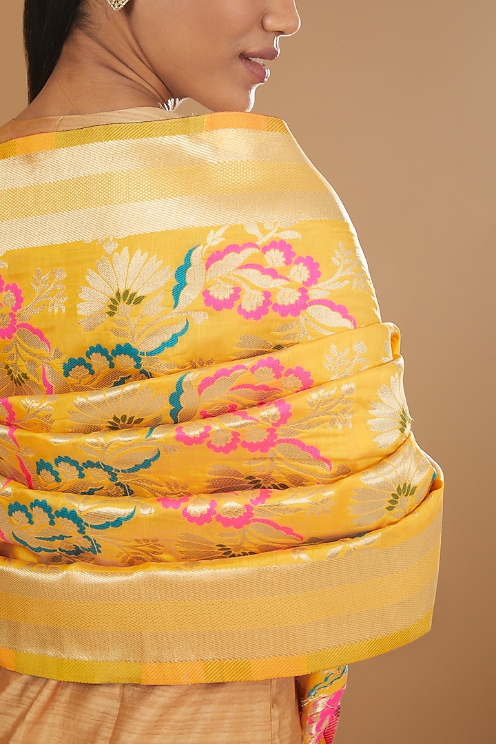 Yellow Pure Silk Handloom Printed Dupatta by Zal From Benaras at Pernia's Pop Up Shop