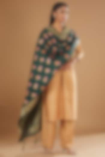 Bottle Green Pure Silk Handloom Printed Dupatta by Zal From Benaras