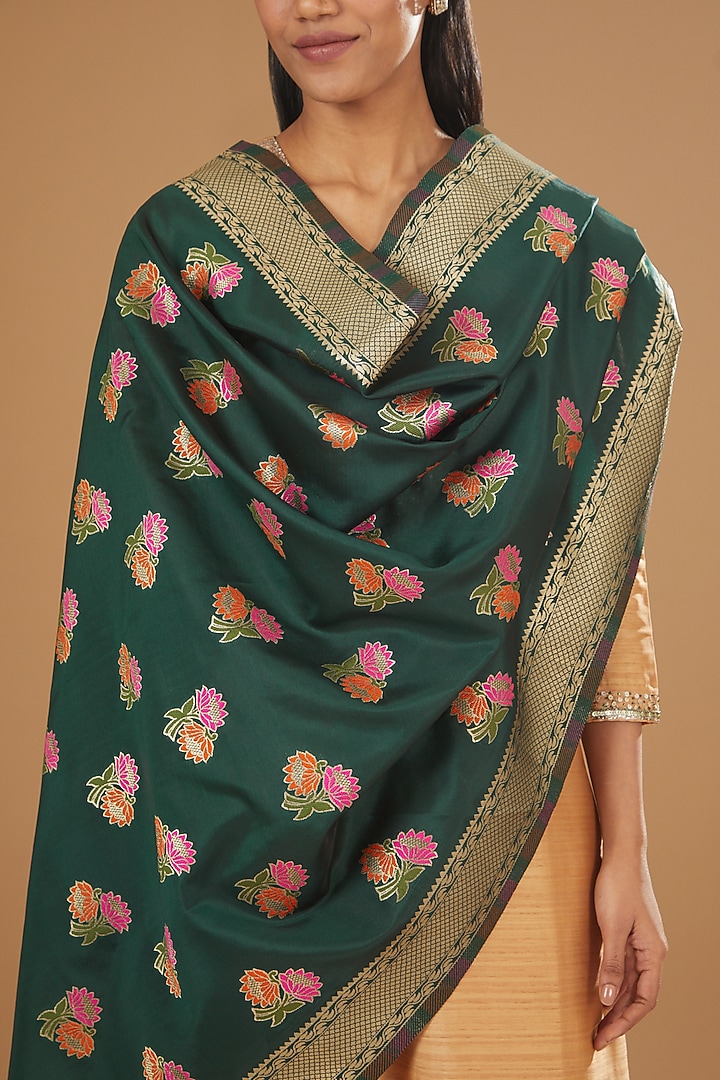 Bottle Green Pure Silk Handloom Printed Dupatta by Zal From Benaras at Pernia's Pop Up Shop