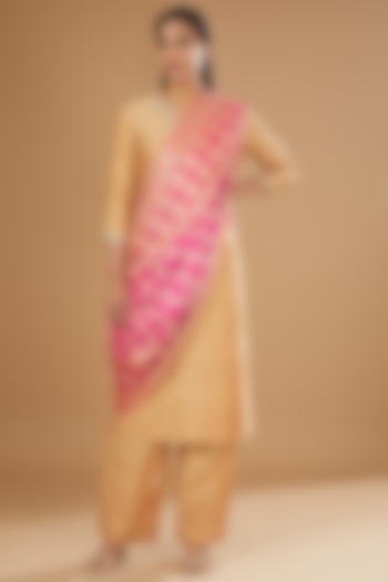 Hot Pink Ombre Georgette Banarasi Handloom Bandhani Printed Dupatta by Zal From Benaras