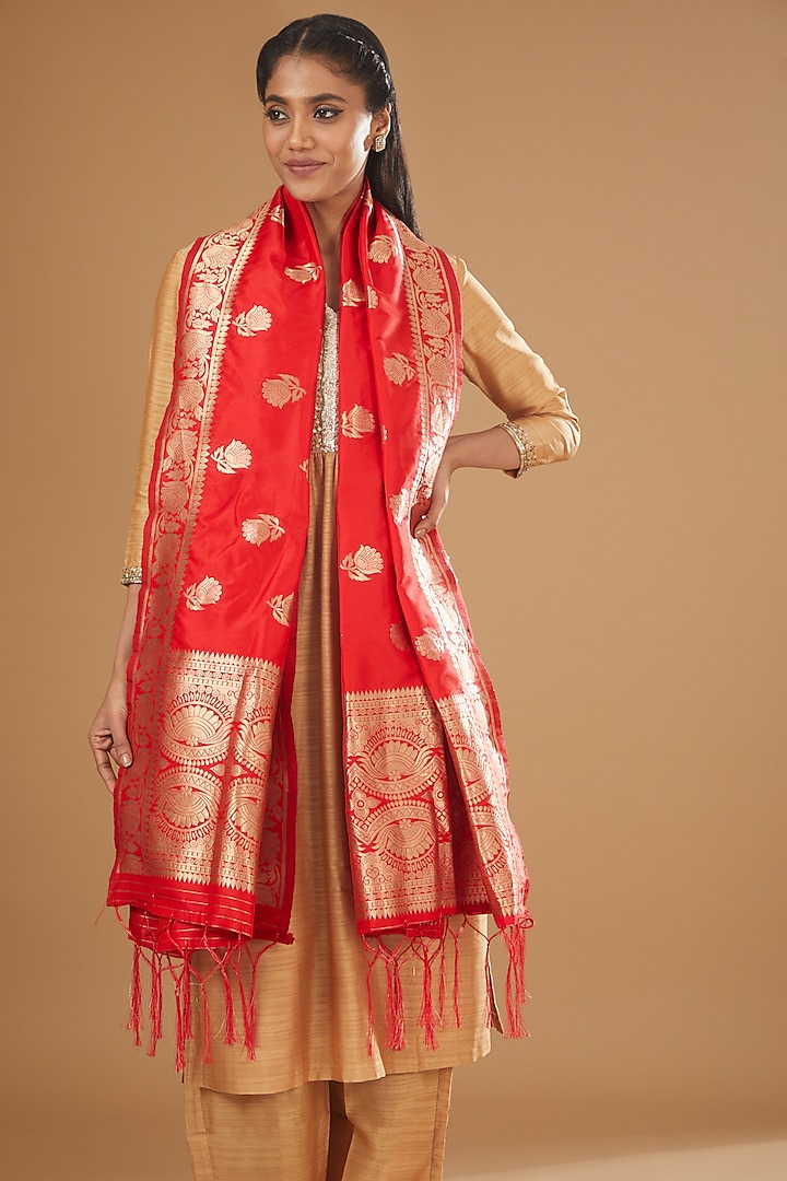 Red Katan Silk Banarasi Handloom Dupatta by Zal From Benaras