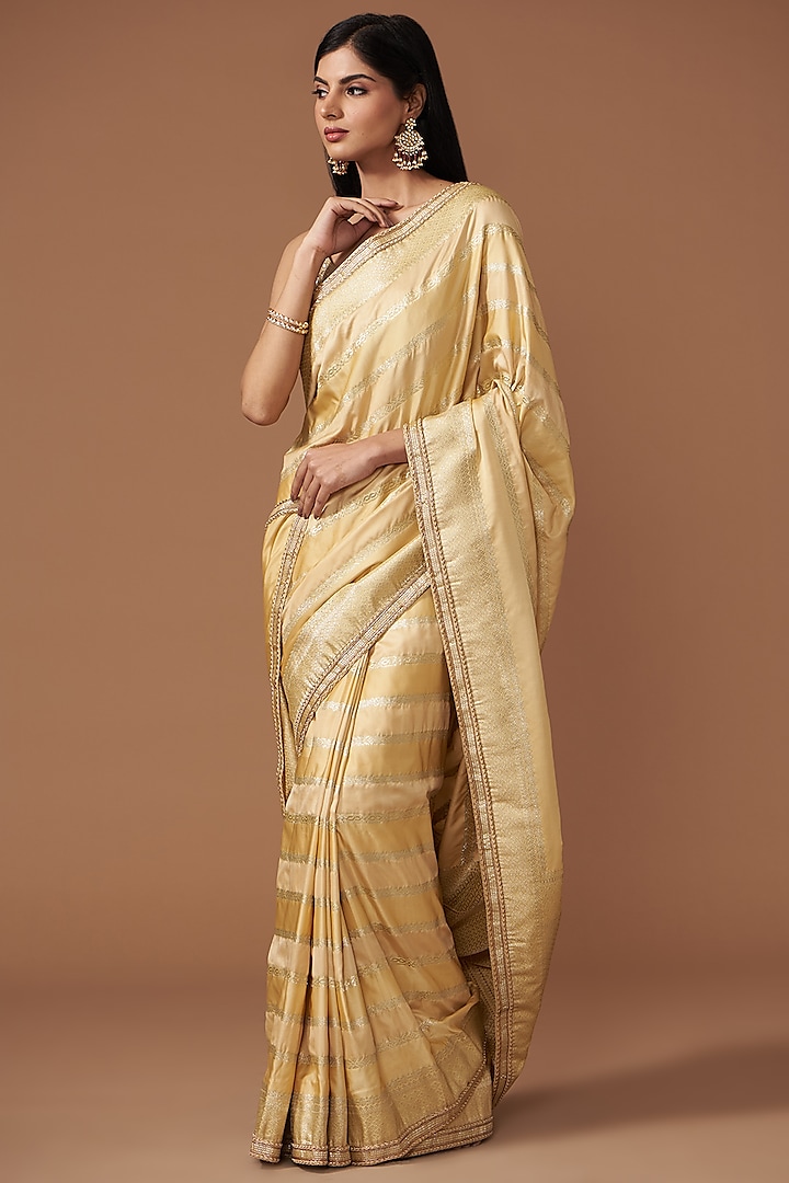 Golden Pure Katan Silk Handloom Zari Embroidered Banarasi Saree Set by Zal From Benaras at Pernia's Pop Up Shop