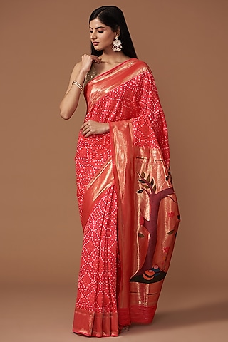 Hot Pink Pure Silk Paithani Handloom Bandhej Printed Saree Set by Zal From Benaras