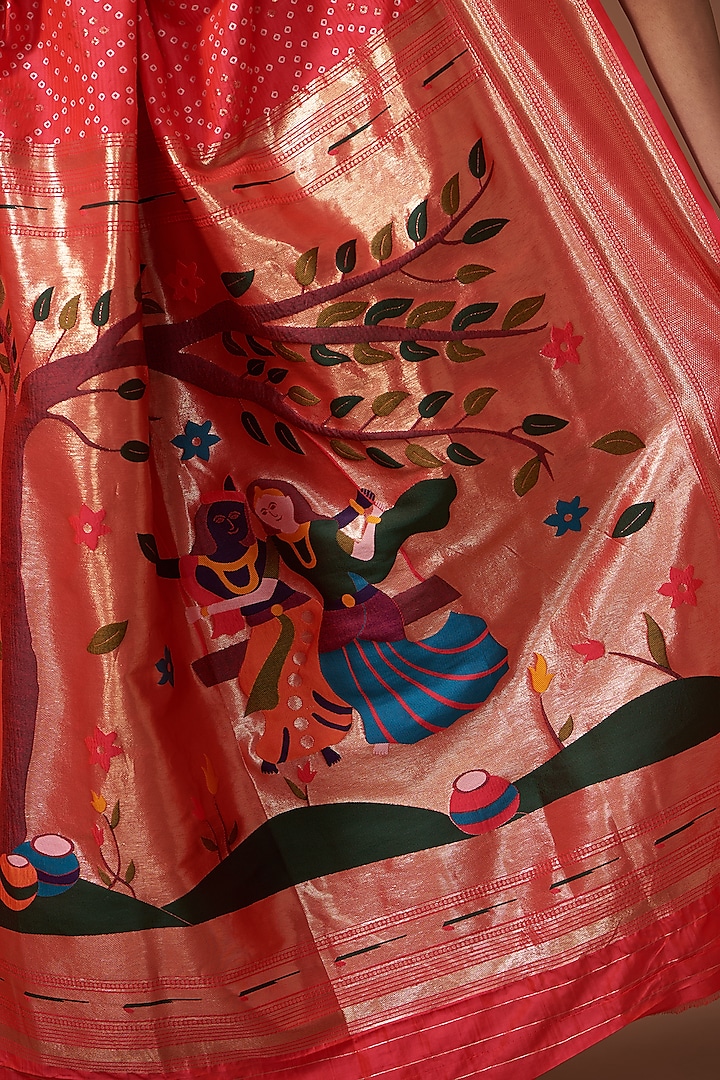 Hot Pink Pure Silk Paithani Handloom Bandhej Printed Festive Saree Set by Zal From Benaras at Pernia's Pop Up Shop