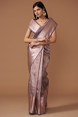 Mauve Crushed Tissue Silk Handloom Zari Embroidered Banarasi Saree Set by Zal From Benaras