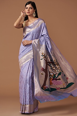Lavender Pure Silk Handloom Bandhej Printed Paithani Saree Set by Zal From Benaras