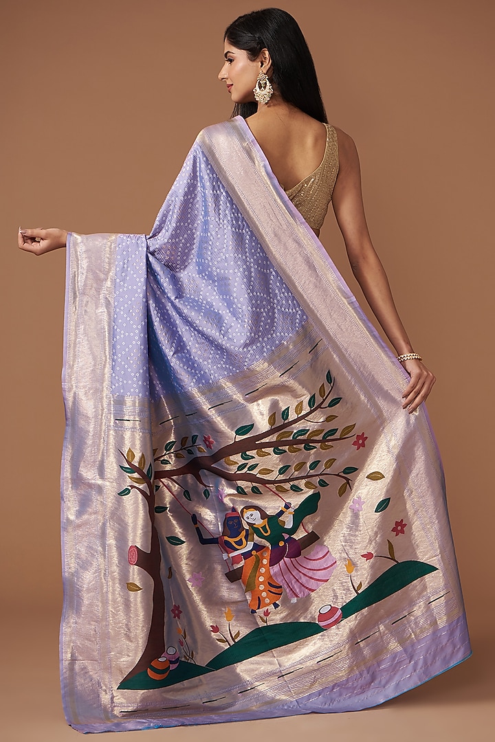 Lavender Pure Silk Handloom Bandhej Printed Paithani Festive Saree Set by Zal From Benaras at Pernia's Pop Up Shop