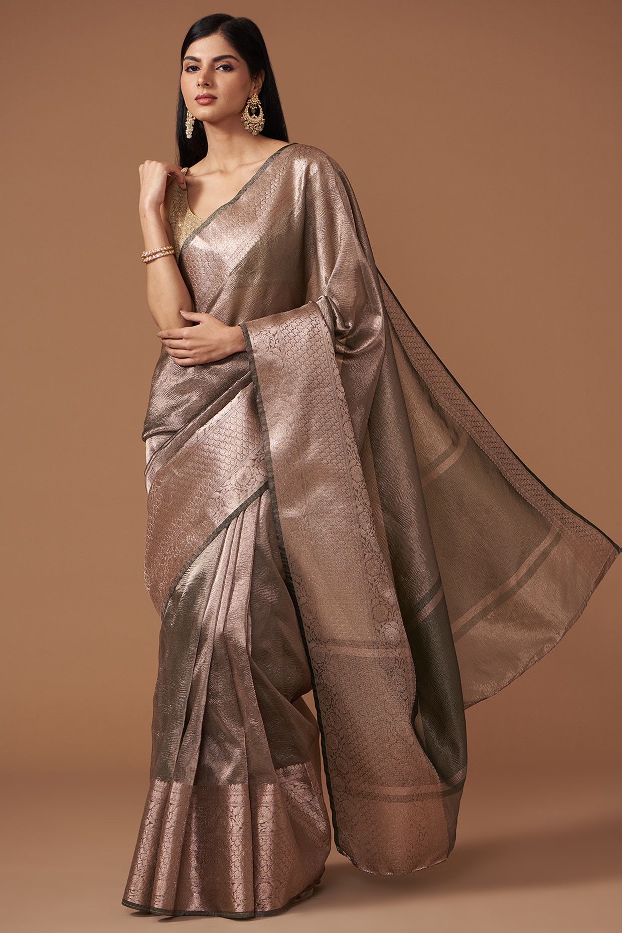 Vishal Prints Warm Grey And Charcoal Grey Satin Saree With Stone-Diamo