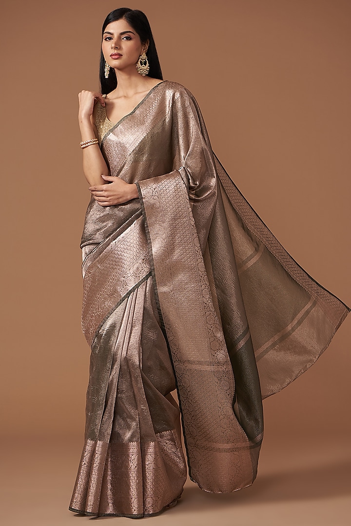 Grey Crushed Tissue Silk Handloom Zari Embroidered Banarasi Saree Set by Zal From Benaras