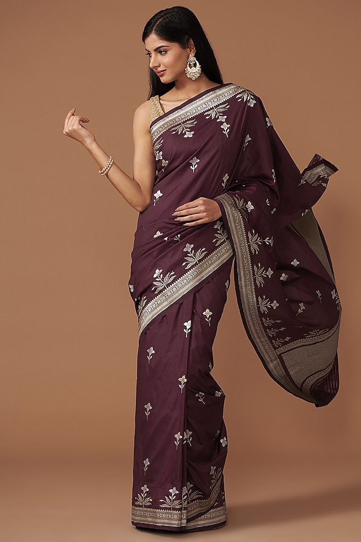 Maroon Pure Katan Silk Handloom Weave Work Banarasi Saree Set by Zal From Benaras