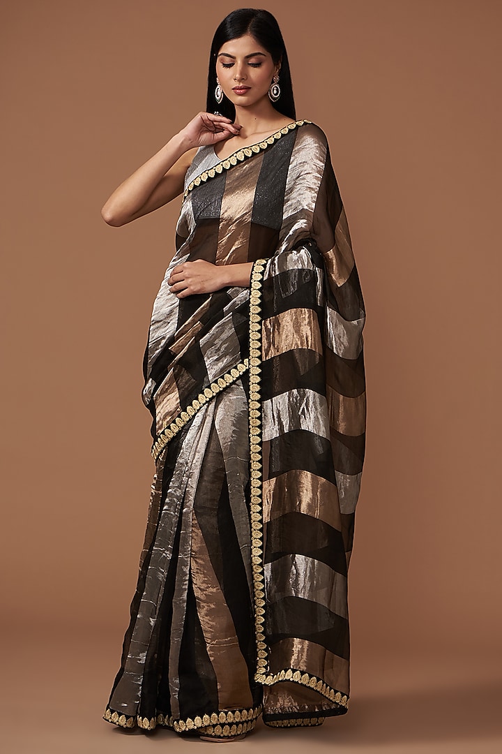 Black Pure Organza Silk Stripe Zari Embroidered Saree Set by Zal From Benaras