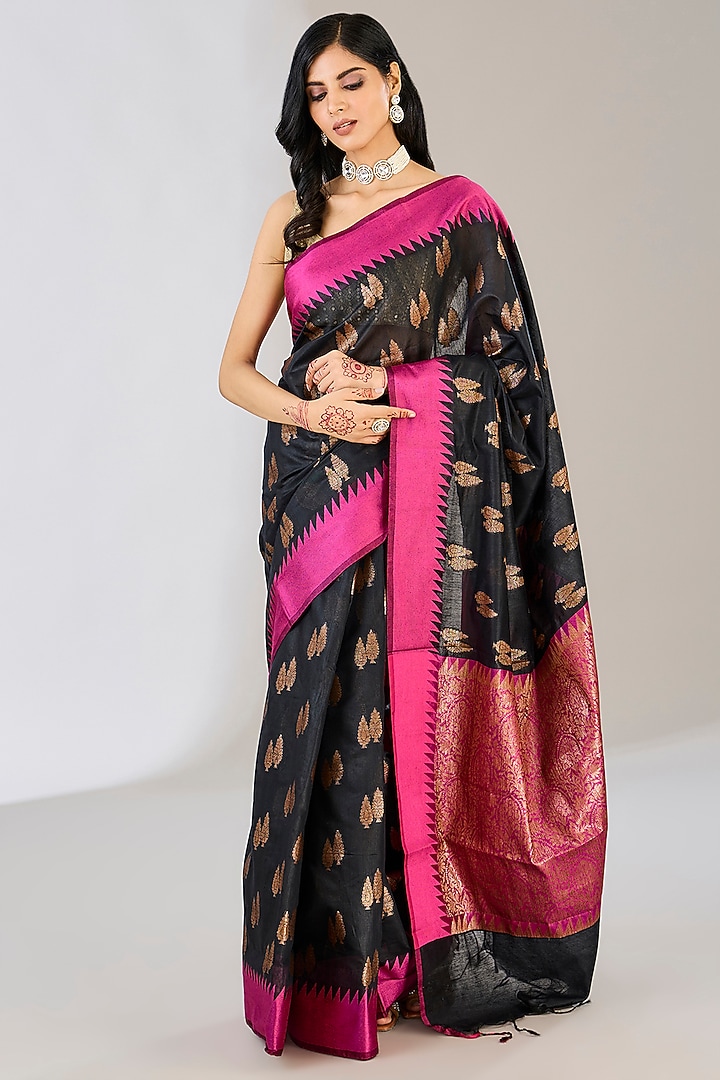 Black & Pink Pure Silk Handloom Zari Embroidered Banarasi Festive Saree by Zal From Benaras at Pernia's Pop Up Shop