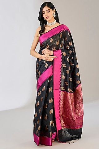 Black & Pink Pure Silk Handloom Zari Embroidered Banarasi Saree by Zal From Benaras