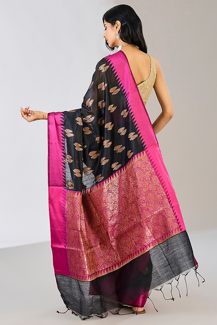 Black & Pink Pure Silk Handloom Zari Embroidered Banarasi Festive Saree by Zal From Benaras at Pernia's Pop Up Shop