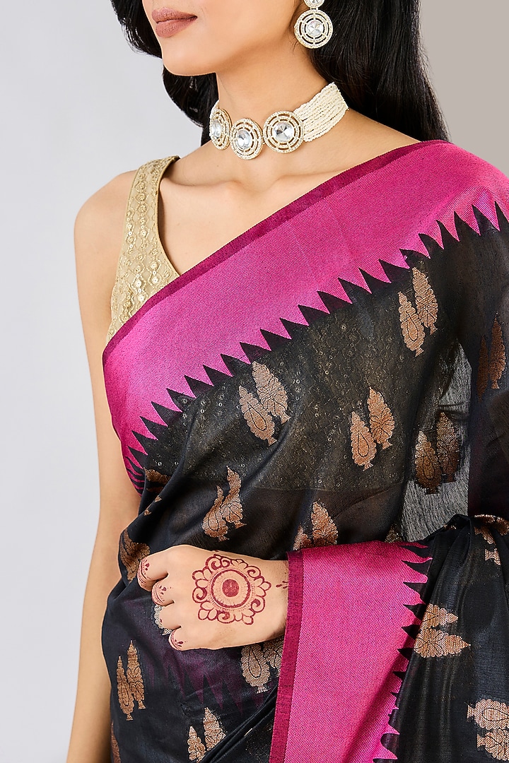 Black & Pink Pure Silk Handloom Zari Embroidered Banarasi Festive Saree by Zal From Benaras at Pernia's Pop Up Shop