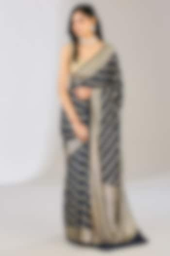 Navy Blue Pure Moonga Silk Bandhani Printed Banarasi Bandhej Saree by Zal From Benaras at Pernia's Pop Up Shop