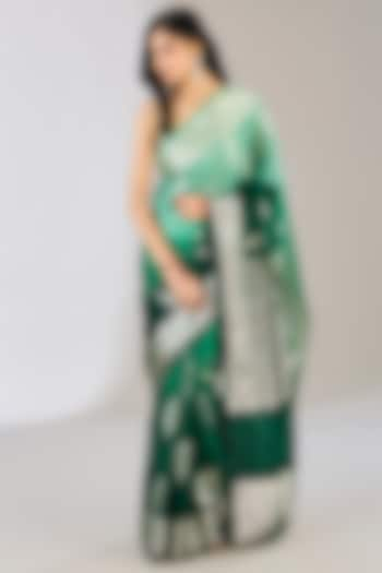 Bottle Green Ombre Pure Silk Handloom Zari Embroidered Banarasi Saree by Zal From Benaras at Pernia's Pop Up Shop