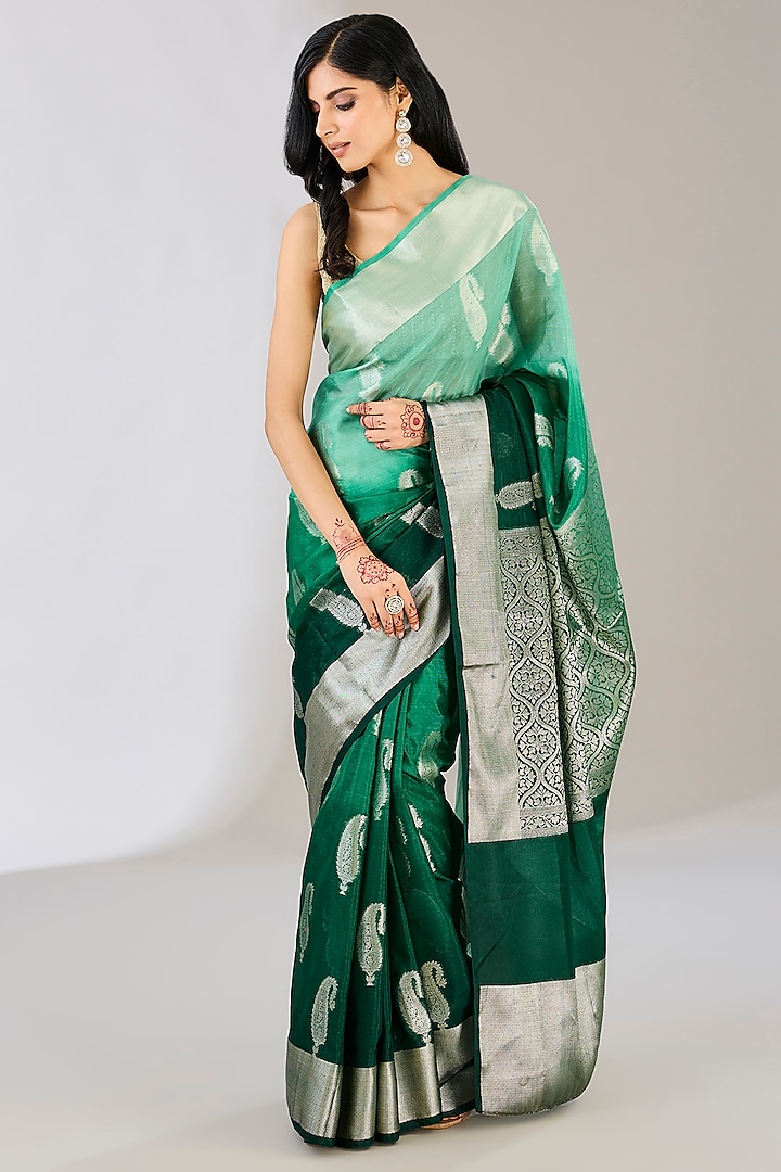 Bottle Green Ombre Pure Silk Handloom Zari Embroidered Banarasi Saree by Zal From Benaras at Pernia's Pop Up Shop